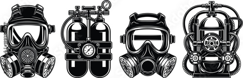 Black and white vector illustration set of industrial gas masks and breathing apparatus with oxygen tanks for fire safety and emergency rescue design