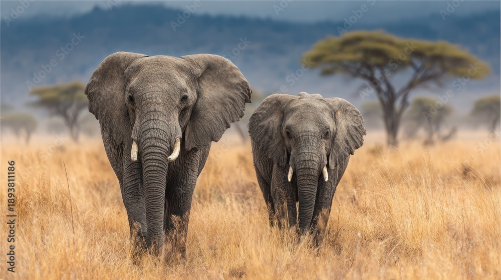 Fototapeta premium Two African elephants walk towards the viewer in a dry savanna landscape