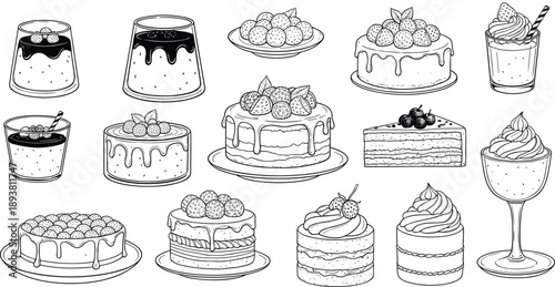 Black and white dessert vector set featuring cakes, puddings, parfaits, layered slices, and creamy sweet treats illustrations