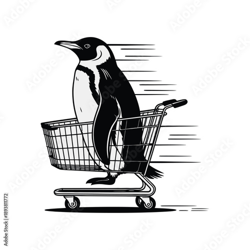 A whimsical illustration depicts a penguin swiftly riding inside a metal shopping cart suggesting speed and playful movement high-quality professional detailed modern.