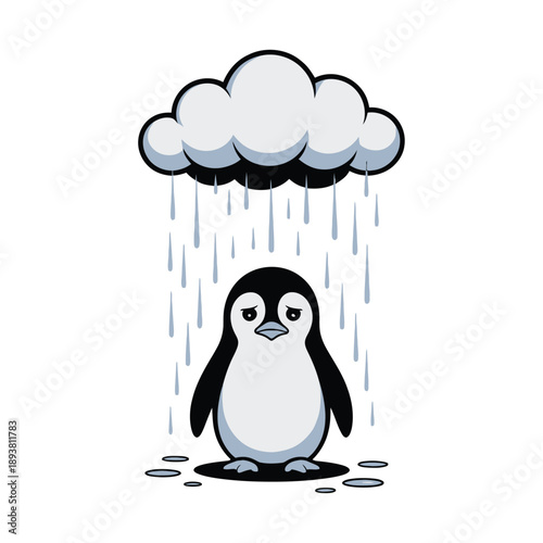 A cartoon illustration depicts a forlorn penguin standing in a puddle directly beneath a dark rain cloud releasing droplets high-quality professional detailed.