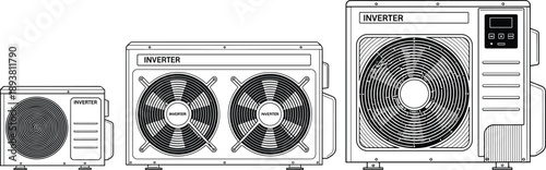 Black and white vector illustration set of modern inverter air conditioning outdoor units with fans for HVAC cooling system and industrial design