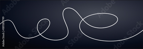 One white squiggle cable line, wavy and curvy stroke. Wiggly irregular long element isolated on dark transparent background, vector illustration.