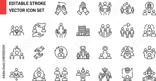 Editable stroke business teamwork vector icon set featuring collaboration, meetings, leadership, community, management, and corporate organization concepts
