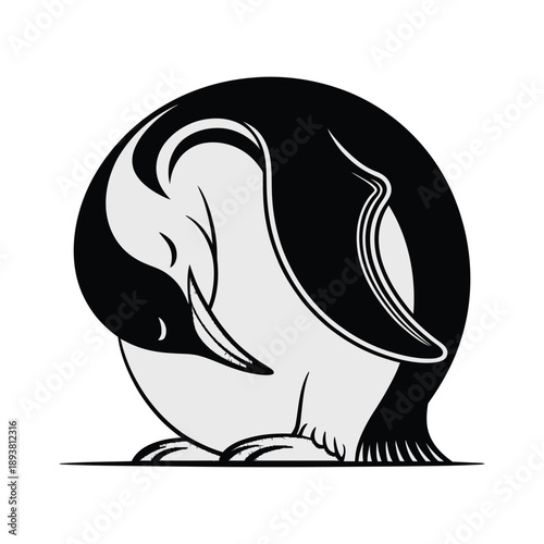 A stylized black and white illustration depicts a penguin curled into a circular shape showcasing its form and feathers high-quality professional detailed.