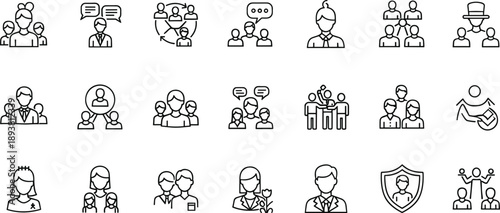 Outline business people communication vector icon set showing teamwork, leadership, discussion, collaboration, and professional corporate interaction concepts