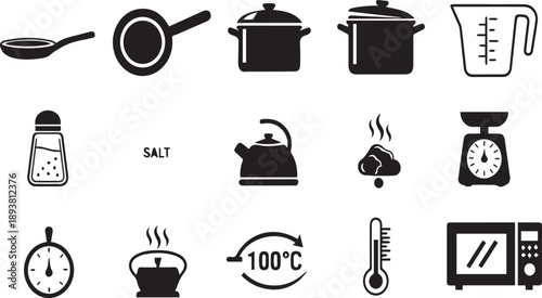 A comprehensive collection of black and white icons representing various cooking and kitchen tools and processes