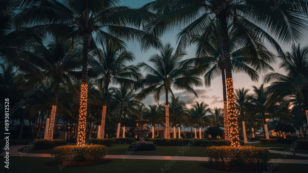 Obraz premium Evening shot of illuminated palm trees with a dark sky backdrop
