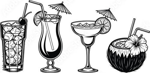 Black and white vector illustration set of tropical summer cocktails including margarita coconut drink and iced beverages with umbrellas for bar menu