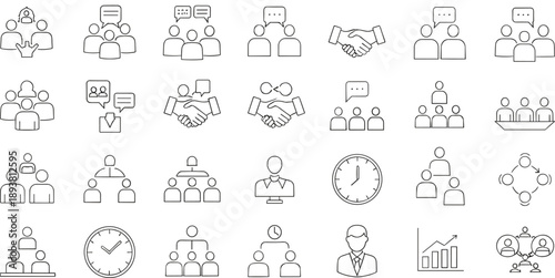 Business teamwork and communication line icon set featuring meetings, collaboration, leadership, networking, scheduling, and corporate workflow concepts