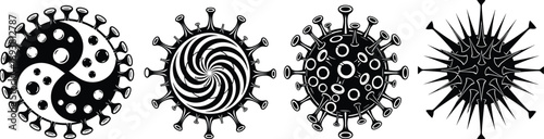 Black and white vector illustration set of virus bacteria and pathogen cells with various surface protein structures for medical health and science design