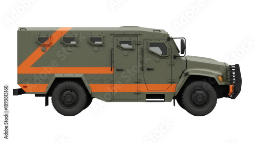 Isolated green armored military vehicle with an orange stripe on the side on the road