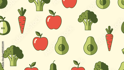 A colorful pattern of cartoon fruits and vegetables arranged neatly on a pale surface from a directly overhead viewpoint