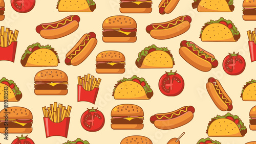 Assorted fast food items, including burgers, fries, and tomatoes, arranged in a repeating pattern on a light background, viewed from directly above.