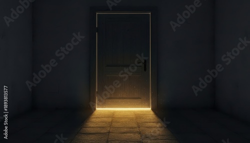 Mysterious golden light leaking through a closed wooden door in a dark empty room