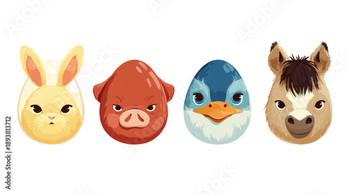 Cute cartoon animal faces in egg shapes: a bunny, pig, duck, and horse characters. Vector illustration for children's designs.