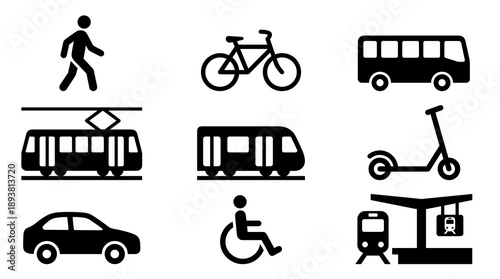 A collection of black silhouette icons representing various modes of city transport such as tram scooter wheelchair and railway station services