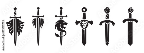 Collection of stylized swords with lion emblems, representing heraldry, power, and medieval combat.