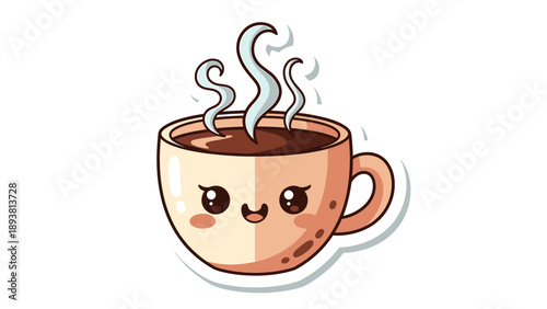 A steaming cup of coffee with a smiling face on a plain background viewed from the front
