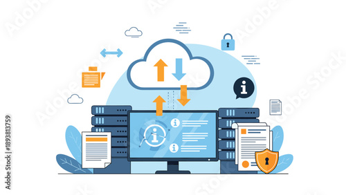 Secure cloud data management and server infrastructure illustration showing data transfer between a computer screen, cloud, and servers.