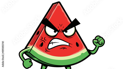 An angry cartoon watermelon slice with a menacing expression and clenched fists standing alone