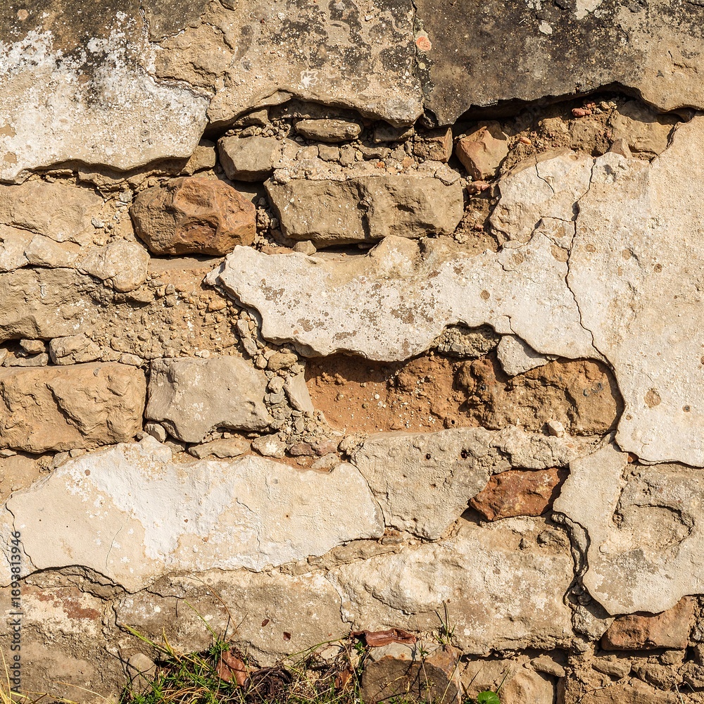 Fototapeta premium a relaxed tabby cat sitting on the dusty ground beside a weathered, cracked stone wall in soft, natural light
