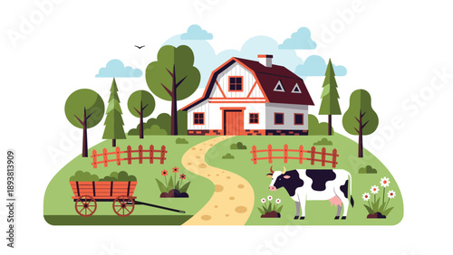 Idyllic farm landscape featuring a white farmhouse surrounded by green trees and a black and white cow grazing in the pasture.