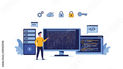 Computer programmer or IT specialist manages software code on large monitors with data security icons above for server room.