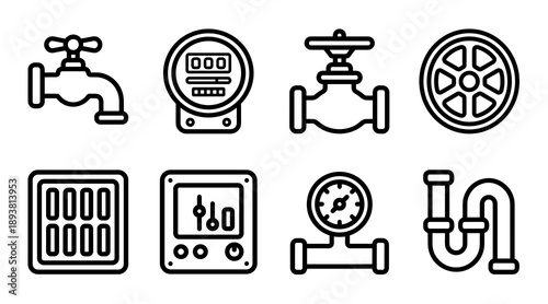 A collection of black outline icons representing plumbing equipment including a water meter pressure gauge faucet industrial valve and drainage pipes