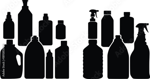 A collection of cleaning product bottles in silhouette against a white background