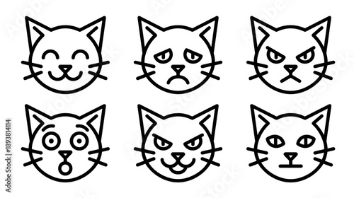 A collection of minimalist black outline cat head illustrations depicting different moods and facial expressions for web design and digital projects