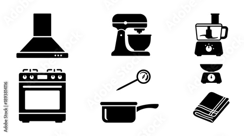 Collection of black silhouette icons for kitchen equipment including electric mixer food processor oven stove range hood saucepan and digital scale