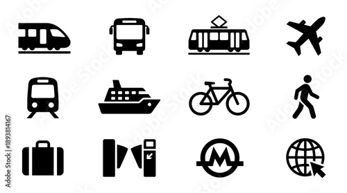 A collection of black silhouette icons representing various modes of public transport travel logistics and urban commuting for navigation and maps