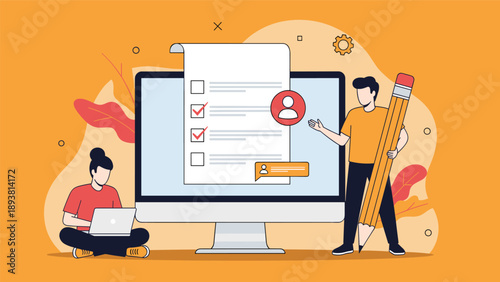 Office workers collaborate on a project using a computer with a digital form and various checkmarks on the screen display.