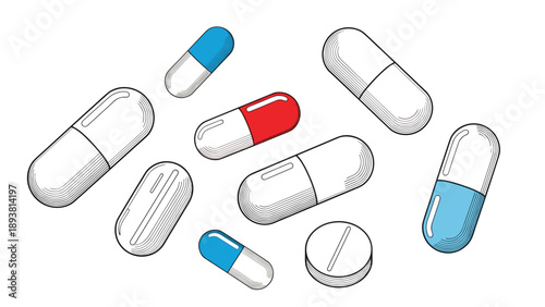 Group of various medical capsules and pills in different colors represents pharmacology and healthcare treatment options.