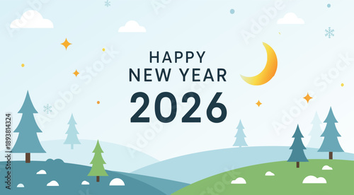 Happy new year 2026 winter landscape banner with trees, stars, snowflakes and moon
