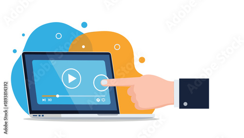 Person interacts with an online video player on a laptop screen by pointing a finger at the round play button icon.