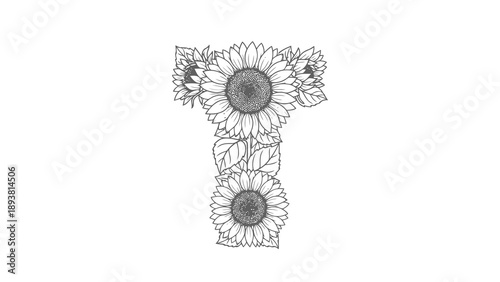 Floral letter t made with sunflowers in black and white
