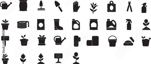 Collection of gardening tools and plants isolated on transparent background