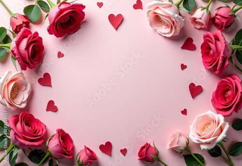 Romantic floral background for Valentine’s Day, copy space, flat lay