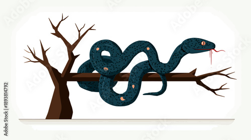 Illustrative black snake with red eyes and spotted scales, coiling around a dry tree branch, white background.