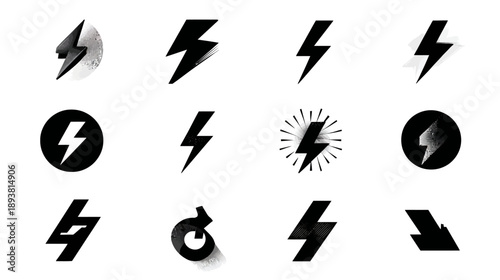Black lightning bolt icons and electric symbols collection. Diverse thunder flash elements for power, energy, speed, and warning graphic design.
