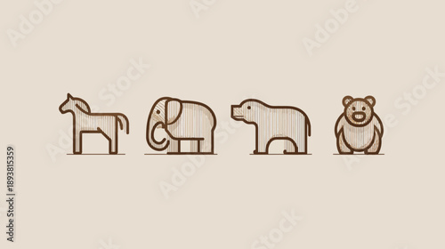 Simple line art animal icons: horse, elephant, bear, and bear cub. Modern vector illustrations for wildlife and nature concepts.