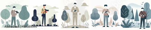 a male photographer in the park in a simple and minimalist flat design vector style