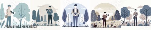 a male photographer in the park in a simple and minimalist flat design vector style