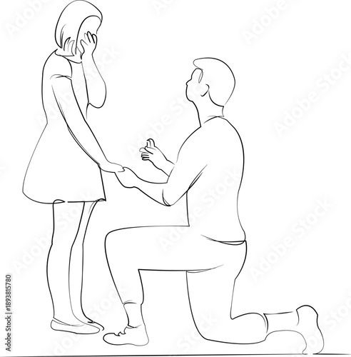 One continuous line drawing on white isolated background. Minimalism linear illustration. woman, man, love, couple, proposal, engagement, romance, human relationships, marriage, ring