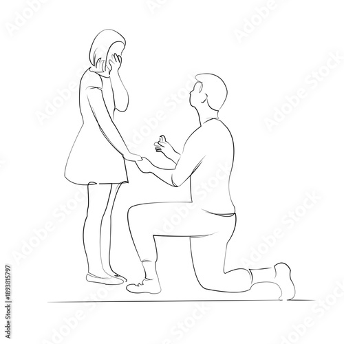One continuous line drawing on white isolated background. Minimalism linear illustration. woman, man, love, couple, proposal, engagement, romance, human relationships, marriage, ring