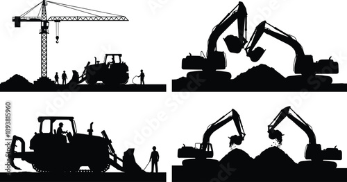 Black silhouette of constn site with heavy machinery equipment including tower crane excavators and bulldozers working on industrial civil engineering project for urban infrastructure development