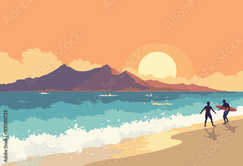 Waikiki Beach Diamond Head crater background Stylized waves surfers silhouette against warm tropical orange sun