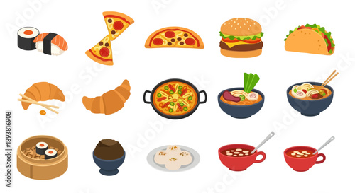 Assorted international dishes including sushi, pizza, and tacos on a white background.